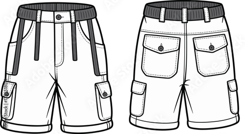 Cargo shorts fashion sketch, men clothing vector design, casual shorts flat illustration, apparel cad drawing, textile design, cad drawing flat vector illustration