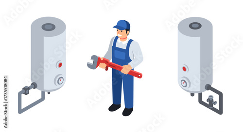 Isometric plumber with wrench repairing water heater tanks
