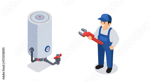 Isometric plumber with wrench near water heater