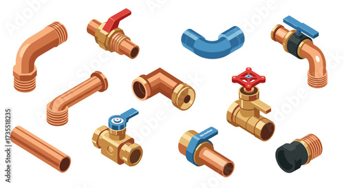 Isometric plumbing pipes and valves collection for construction and design