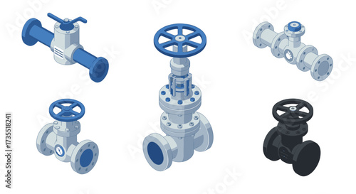 Isometric industrial valves collection for engineering and plumbing design