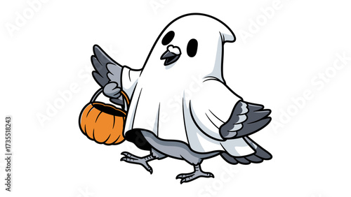 Halloween Pigeon: A whimsical illustration of a pigeon dressed in a ghost costume, carrying a pumpkin-shaped basket, perfect for Halloween festivities. 