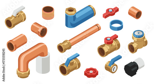 Isometric plumbing tools and pipe fittings collection on white background
