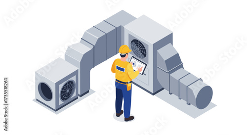 Industrial hvac technician managing ventilation system with digital tablet in isometric style