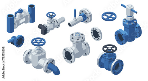 Isometric collection of industrial plumbing valves and pipe fittings in blue and gray