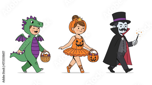 Trick-or-Treat Adventure: Capture the whimsical delight of Halloween with these charming characters, from dragon to a vampire, each poised for a fun-filled night of trick-or-treating.