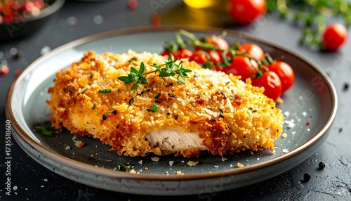 Crispy breaded chicken breast served with cherry tomatoes