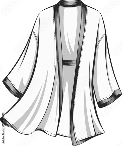 Kimono cardigan flat sketch, cad drawing template, vector fashion illustration, open front design, women outerwear garment, stylish clothing technical outline