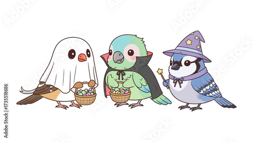 Halloween Birds in Festive Costumes: A trio of charming birds dressed in creative Halloween costumes are seen holding cute baskets full of colorful treats.