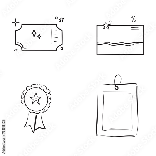 Bonus card doodle icon, gift bonus coupon hand drawn sketch style icon, award star medal doodle icon, price tag hand drawn