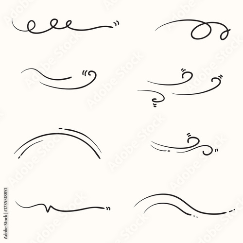 Doodle wind line sketch set. Hand drawn doodle wind motion, air blow, swirl elements. Sketch drawn air blow motion, smoke flow art