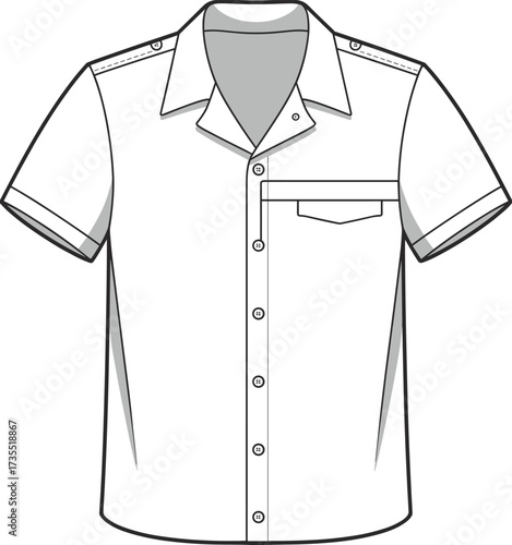 Men’s short sleeve shirt, button down design, front pocket detail, fashion flat sketch, clothing template, stylish garment vector, cad drawing flat vector illustration
