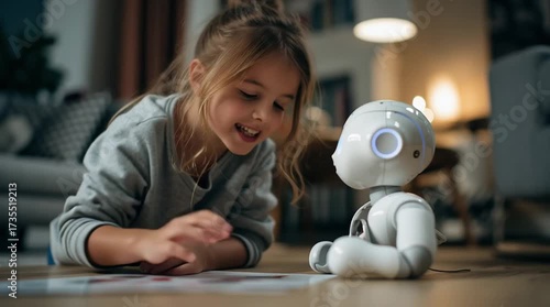A Young Girl with Robotic Friend: A close-up captures a charming little girl in a moment of joy, engrossed in playtime with a futuristic robotic companion.