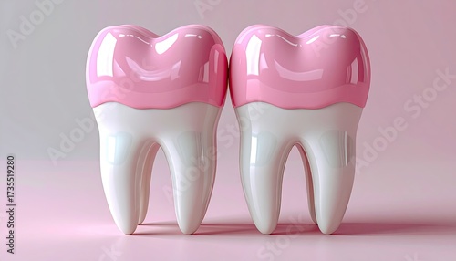 Two cartoonish teeth with pink tops, on pink background