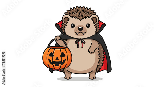 Halloween Hedgehog in Costume: A cute, cartoon hedgehog, playfully dressed in a vampire cape, joyfully holding a carved pumpkin bucket, set against a simple, inviting backdrop.