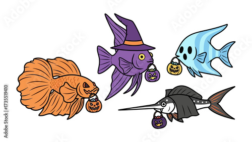 Spooky Underwater Costume: A collection of charming fish, uniquely styled in delightful Halloween costumes. They frolic playfully.