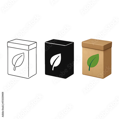 Three stylized representations of a tea box with a leaf symbol including outline silhouette and realistic rendering isolated on transparent background