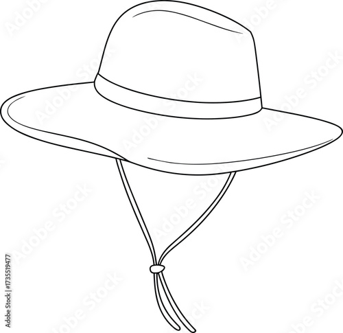Wide brim hat fashion sketch, cad drawing template, vector flat illustration, outdoor sun hat design, stylish accessory, technical clothing outline
