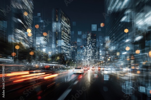 Nighttime blurred city scene with cars, lights, and digital overlays