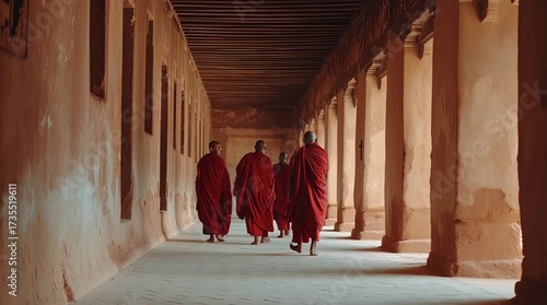 Solitary Journey of the Monks: The timeless image captures a group of monks walking in harmony through an aged corridor, their forms silhouetted against the light. The warmth of the lighting.