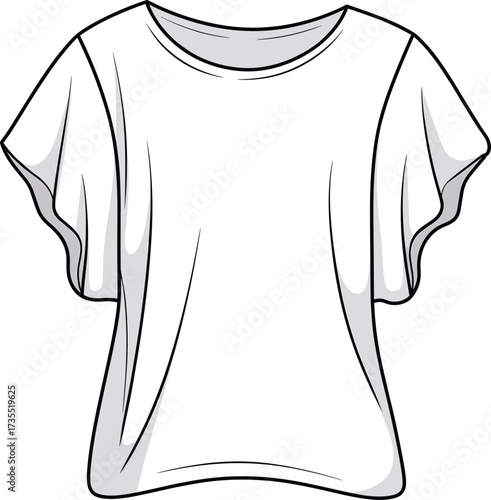 Women blouse fashion sketch, flutter sleeve top design, cad drawing outline, stylish vector t-shirt, apparel flat template, clothing technical illustration