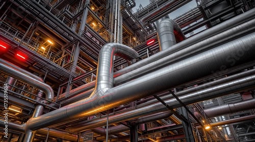 Industrial Steel Pipes: This striking image showcases a complex network of gleaming steel pipes, snaking across an industrial landscape.