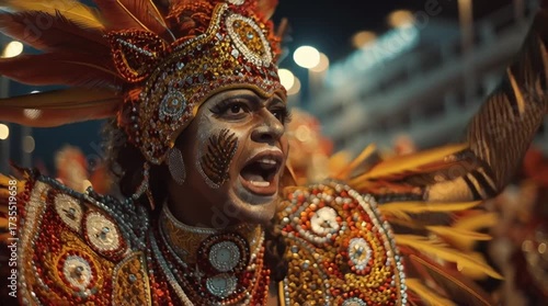 Carnival Revelation: A vibrant dancer, adorned in a captivating costume, shares a moment of pure joy with an expressive face and majestic headdress.