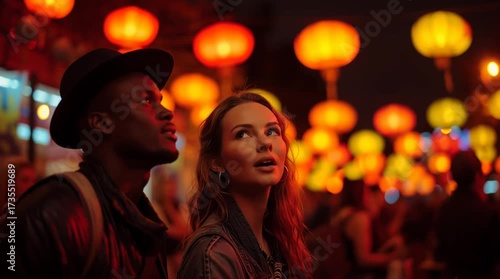 Enchanting Lantern Night: Capturing the spellbinding ambiance of an Asian night market, this shot depicts a diverse couple admiring a vibrant array of glowing lanterns suspended against the night sky.
