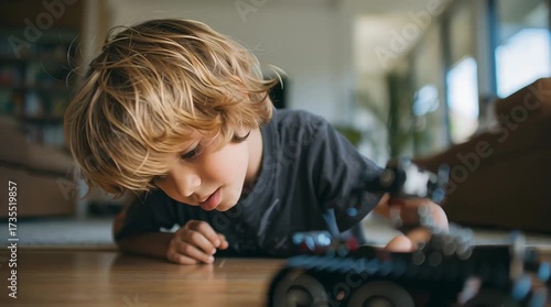 Curious Boy and Toy Car: A young boy, captivated by a toy car, focuses intently, immersed in imaginative play on a wooden surface, showcasing the essence of childhood wonder.