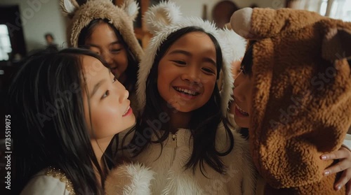 Playful Ensemble of Delight: A joyful gathering of children dressed in charming animal costumes, radiating warmth and camaraderie. It's a celebration of innocence and the vibrant tapestry of youth.