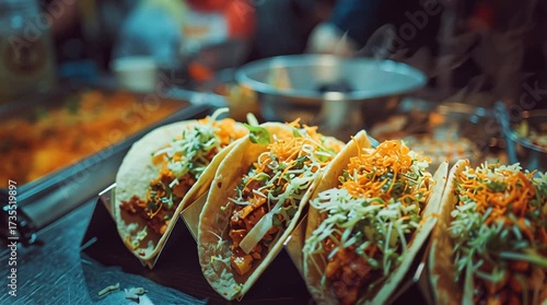 Savory Taco Selection: A close-up shot of appetizing tacos, freshly prepared, and ready to serve at a vibrant food stall. The image perfectly captures the deliciousness.