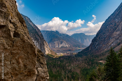Panoramic view of Hallstatt, Austria, with alpine mountains and Lake Hallstatt