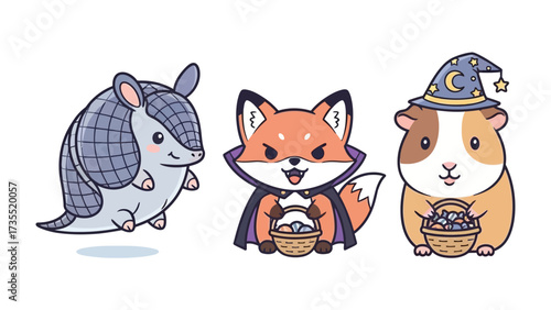 Cute Halloween Trio: A whimsical group of an armadillo, a fox, and a guinea pig, each adorably dressed in their Halloween best, ready for trick-or-treating.