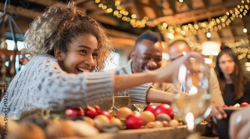 Gathering Together:  A diverse group laughs and shares a joyful moment, surrounded by food and decorations. Capturing a heartwarming celebration of togetherness and the spirit of friendship.