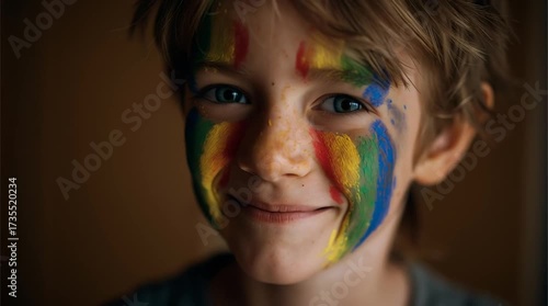 Child with Rainbow Face Paint: A young child beams with joy, their face adorned with vibrant, colorful rainbow face paint, showcasing a whimsical and cheerful expression.