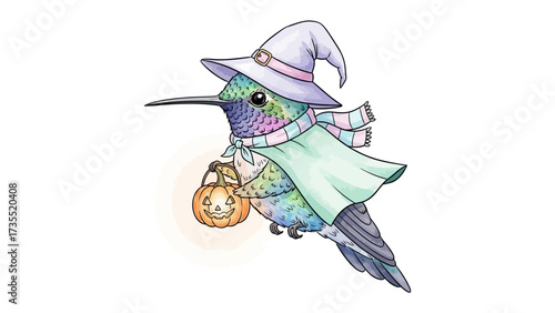 Hummingbird Witchery: This illustration depicts a charming hummingbird dressed as a witch, clutching a carved pumpkin lantern. It's a whimsical scene filled with the playful spirit of Halloween.