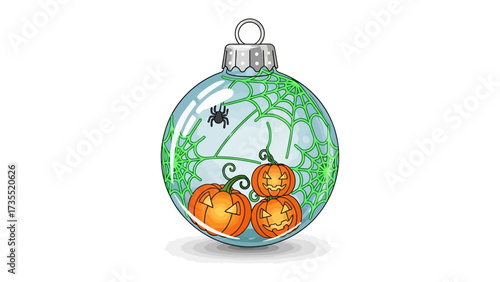 Festive Halloween Bauble: A unique and festive Christmas ornament reimagined for Halloween, featuring a spider, spiderweb, and grinning pumpkins within a clear glass ball.