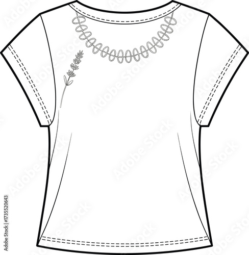 Women t-shirt flat sketch, short sleeve top illustration, embroidered neckline design, cad clothing vector template, fashion garment drawing, apparel technical illustration
