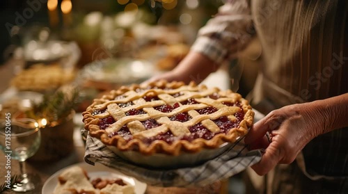 Warm Apple Pie: A close-up shot captures a home baker presenting a freshly baked apple pie, its crust perfectly golden and the aroma of cinnamon, creating an inviting scene. 