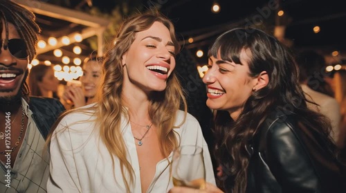 Joyful Celebration: Two friends share an intimate moment of laughter and joy at a lively outdoor gathering.