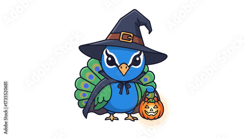 Festive Peacock in a Halloween Costume: A whimsically illustrated peacock adorned in a witch's hat and cape carries a glowing pumpkin, perfect for the spooky season and Halloween party invites.