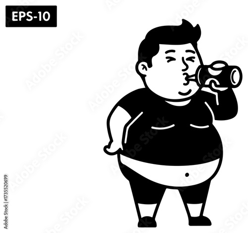 Cartoon man drinking from a bottle, black and white illustration.