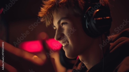 Gamer Immersed in Gaming: A young individual, eyes fixed on the monitor, finds pure joy in an immersive gaming experience, creating a dynamic, contemporary portrayal.