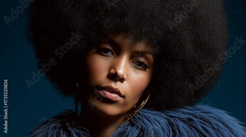 Retro Afro: A confident and stylish woman with a captivating gaze, adorned with a lush Afro hairstyle, embodies vintage elegance with a touch of modern grace, bathed in a soft, warm light.