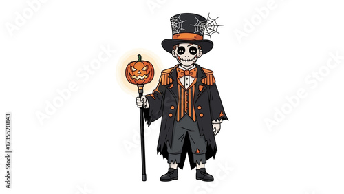 Halloween skeleton in attire: A charming cartoon illustration featuring a stylish skeleton dressed in exquisite attire and carrying a lantern featuring pumpkin.