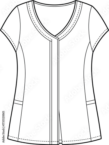 Women’s blouse flat sketch, short sleeve fashion top, apparel design template, modern clothing vector, stylish garment drawing, cad drawing flat vector illustration