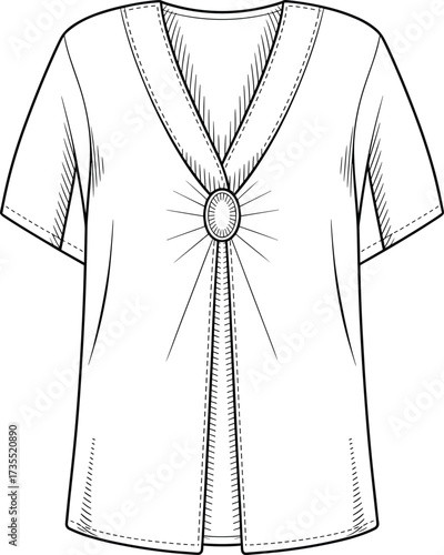 Women’s blouse fashion sketch, stylish top design, short sleeve garment illustration, modern apparel template, trendy clothing drawing, cad drawing flat vector illustration