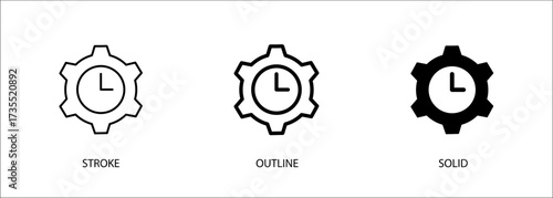 Gear icon with clock for time setting, time management. Editable vector stroke icon, outline and solid. Eps10 file.