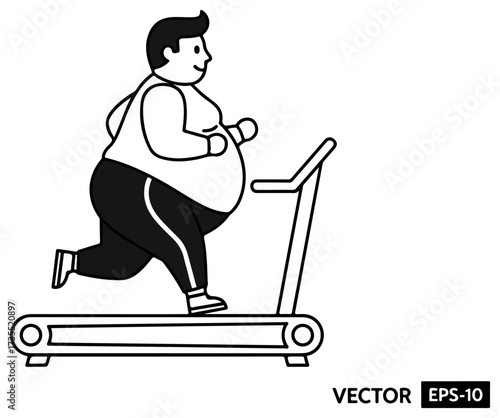 Overweight man running on treadmill for fitness and health.