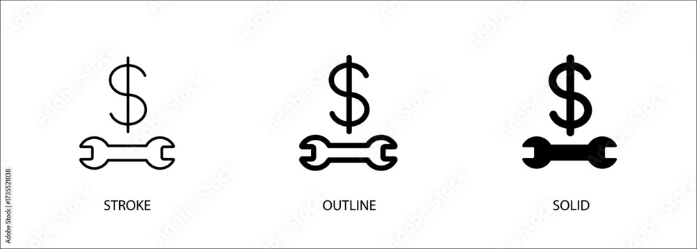 Obraz premium Wrench icon with money for engineering, maintenance costs, finance setup, bank. Editable vector stroke icon, outline and solid. Eps10 file.